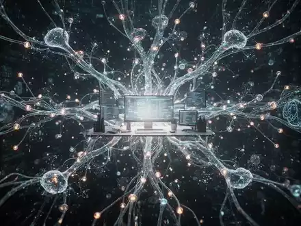 Abstrakte Darstellung eines leuchtenden, vernetzten KI-Neuronalen Netzes mit hellem Zentrum als verstecktem Arbeitsbereich. - Foto: über boerse-global.de