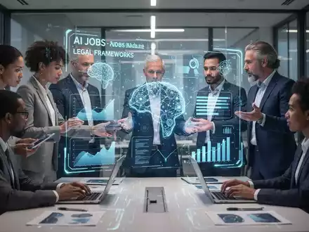 Fachleute arbeiten in einem modernen Büro mit holografischen Displays, die KI-Integration in HR und Arbeitsrecht symbolisieren. - Foto: über boerse-global.de