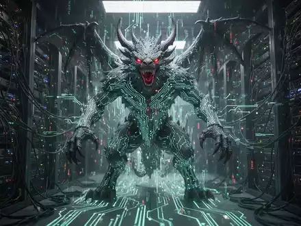 Digitale Manticore aus leuchtenden Schaltkreisen in einem dunklen Netzwerk, Symbol für eine Cybersicherheitsbedrohung. - Foto: über boerse-global.de