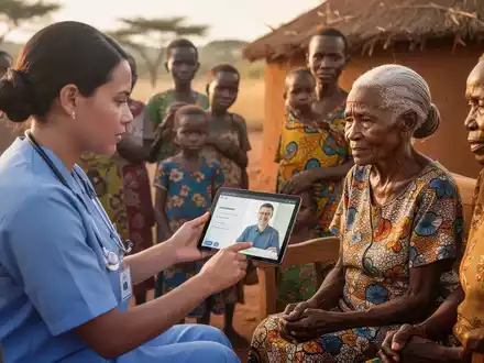 Eine medizinische Fachkraft berät einen älteren Patienten in einem ländlichen afrikanischen Dorf mithilfe eines Tablets. - Foto: über boerse-global.de