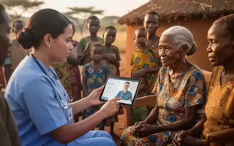 Eine medizinische Fachkraft berät einen älteren Patienten in einem ländlichen afrikanischen Dorf mithilfe eines Tablets. - Foto: über boerse-global.de