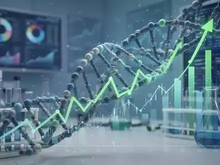 Abstrakte Darstellung von DNA und Finanzcharts, symbolisiert Pharmainnovation und Wachstum, mit Laborhintergrund. - Foto: über boerse-global.de