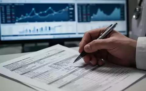 Eine Hand hält einen Stift über ein medizinisches Formular, im Hintergrund unscharfe Finanzdiagramme, die die Reform der Krankenversicherung symbolisieren. - Foto: über boerse-global.de