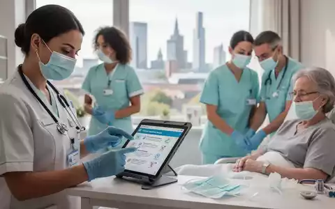 Pflegekräfte in Düsseldorf bei der Arbeit, eine überprüft Sicherheitsprotokolle auf einem Tablet, eine andere hilft einem Patienten. - Foto: über boerse-global.de