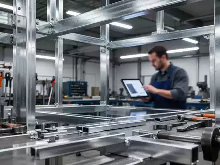 Eine moderne Metallwerkstatt mit polierten Stahlträgern und Werkzeugen. Eine unscharfe Person im Hintergrund nutzt ein digitales Tablet. - Foto: über boerse-global.de