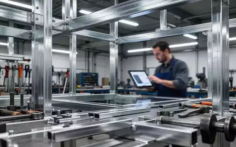 Eine moderne Metallwerkstatt mit polierten Stahlträgern und Werkzeugen. Eine unscharfe Person im Hintergrund nutzt ein digitales Tablet. - Foto: über boerse-global.de