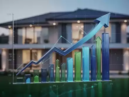 Ein stilisiertes Bild eines modernen Hauses im Hintergrund mit Finanzdiagrammen und Wachstumspfeilen im Vordergrund, die Investitionen und Wertsteigerung andeuten. - Foto: über boerse-global.de