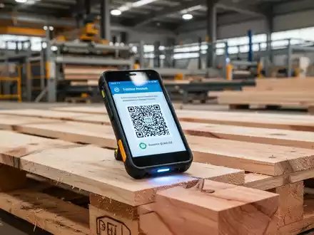 Ein digitaler Produktpass oder QR-Code wird auf einer Holzpalette gescannt, im Hintergrund eine moderne Holzverarbeitungsanlage. - Foto: über boerse-global.de