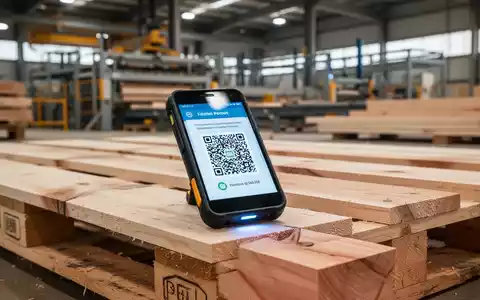 Ein digitaler Produktpass oder QR-Code wird auf einer Holzpalette gescannt, im Hintergrund eine moderne Holzverarbeitungsanlage. - Foto: über boerse-global.de