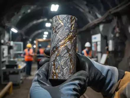 Nahaufnahme eines Bohrkerns mit metallischen Adern, gehalten von einer behandschuhten Hand, im Hintergrund ein Minentunnel. - Foto: über boerse-global.de