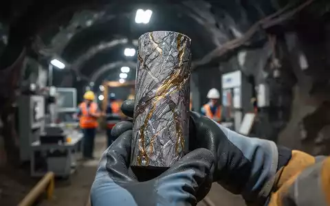 Nahaufnahme eines Bohrkerns mit metallischen Adern, gehalten von einer behandschuhten Hand, im Hintergrund ein Minentunnel. - Foto: über boerse-global.de