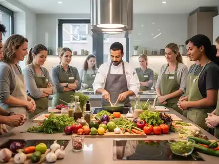Menschen nehmen an einem veganen Kochkurs in einer modernen Küche teil, umgeben von frischem Gemüse und pflanzlichen Zutaten. - Foto: über boerse-global.de