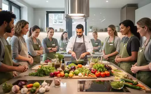 Menschen nehmen an einem veganen Kochkurs in einer modernen Küche teil, umgeben von frischem Gemüse und pflanzlichen Zutaten. - Foto: über boerse-global.de