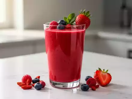Ein leuchtend roter Gojibeeren-Erdbeer-Smoothie in einem eleganten Glas, garniert mit frischen Beeren und Minze auf einer sauberen Küchenzeile. - Foto: über boerse-global.de