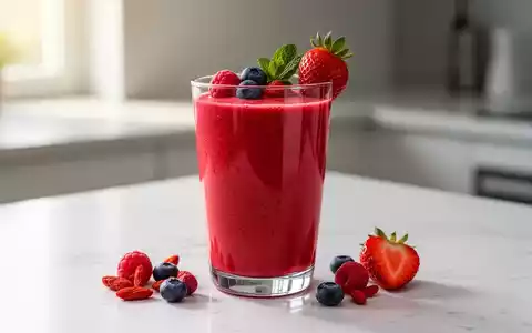 Ein leuchtend roter Gojibeeren-Erdbeer-Smoothie in einem eleganten Glas, garniert mit frischen Beeren und Minze auf einer sauberen Küchenzeile. - Foto: über boerse-global.de