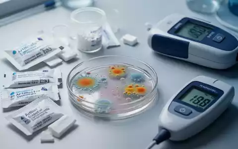 Nahaufnahme von Süßstoffen, einer Petrischale mit Bakterienwachstum und einem Blutzuckermessgerät auf einer Laboroberfläche. - Foto: über boerse-global.de