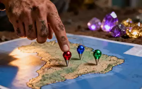 Geologenhand zeigt auf eine Karte Brasiliens mit drei markierten Zielen für Seltene Erden. Im Hintergrund unscharfe, leuchtende Mineralien. - Foto: über boerse-global.de