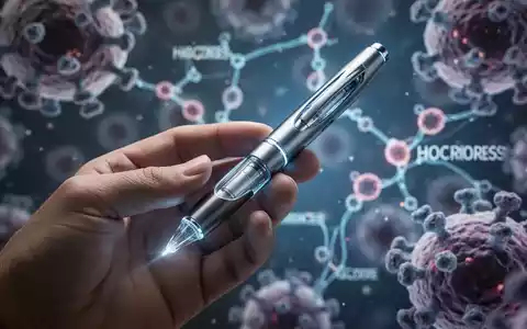 Eine Nahaufnahme einer menschlichen Hand, die einen futuristischen medizinischen Injektorstift hält, vor einem unscharfen Hintergrund biologischer Strukturen. - Foto: über boerse-global.de