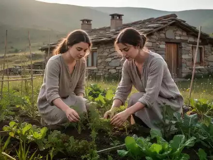Eine junge Frau arbeitet in einem Gemüsegarten vor einem rustikalen Cottage in einer ländlichen Landschaft, die Autarkie symbolisiert. - Foto: über boerse-global.de