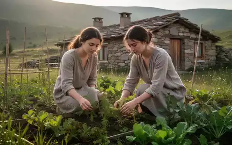 Eine junge Frau arbeitet in einem Gemüsegarten vor einem rustikalen Cottage in einer ländlichen Landschaft, die Autarkie symbolisiert. - Foto: über boerse-global.de