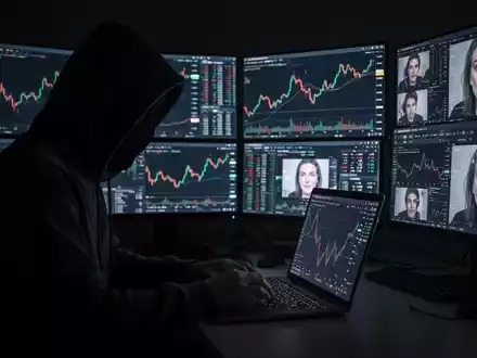 Person in Kapuzenjacke tippt auf Laptop, umgeben von Bildschirmen mit Finanzdaten und Deepfake-Videos, symbolisiert Online-Betrug. - Foto: über boerse-global.de