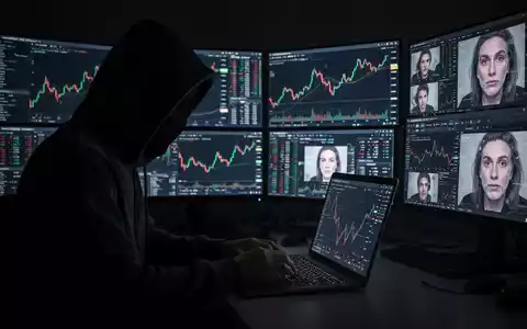 Person in Kapuzenjacke tippt auf Laptop, umgeben von Bildschirmen mit Finanzdaten und Deepfake-Videos, symbolisiert Online-Betrug. - Foto: über boerse-global.de