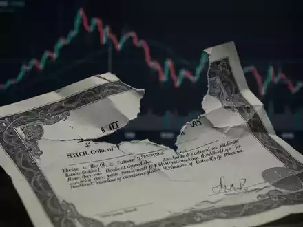 Eine teilweise zerrissene oder zerknüllte Aktienurkunde vor einem verschwommenen, fallenden Finanzindex-Chart. - Foto: über boerse-global.de