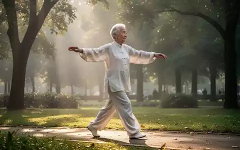 Ältere Person praktiziert Tai Chi Walking in einem ruhigen Park bei Sonnenaufgang, fokussiert auf Balance und Bewegung. - Foto: über boerse-global.de