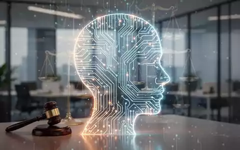 Eine stilisierte KI-Schaltkreis, die eine menschliche Silhouette bildet, überlagert von Justizsymbolen, in einem modernen Büroumfeld. - Foto: über boerse-global.de