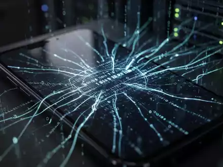 Ein Android-Smartphone-Bildschirm mit leuchtenden Linien und Binärcode, der Malware und Datendiebstahl symbolisiert. - Foto: über boerse-global.de