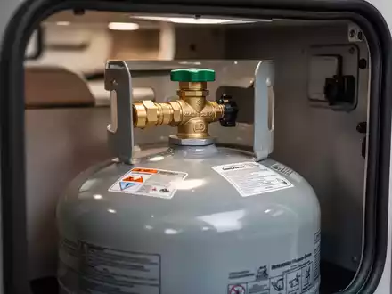 Nahaufnahme einer sicher installierten Gastankflasche mit externem Füllanschluss und Sicherheitskupplung in einem Wohnmobil-Staufach. - Foto: über boerse-global.de