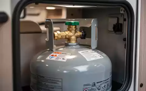 Nahaufnahme einer sicher installierten Gastankflasche mit externem Füllanschluss und Sicherheitskupplung in einem Wohnmobil-Staufach. - Foto: über boerse-global.de