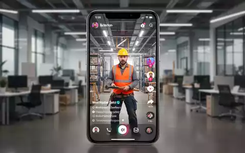 Ein Smartphone zeigt eine TikTok-ähnliche Oberfläche mit einem humorvollen Video zum Arbeitsschutz vor einem unscharfen Bürohintergrund. - Foto: über boerse-global.de