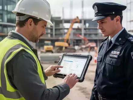 Ein Bauleiter und ein Zollbeamter prüfen digitale Dokumente auf einer Baustelle. Fokus auf digitale Prüfpflichten. - Foto: über boerse-global.de