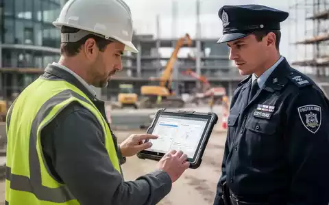 Ein Bauleiter und ein Zollbeamter prüfen digitale Dokumente auf einer Baustelle. Fokus auf digitale Prüfpflichten. - Foto: über boerse-global.de