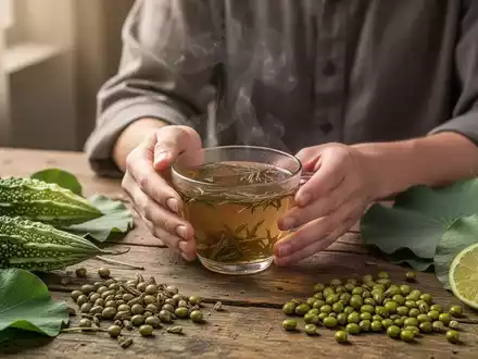 Eine Person hält eine Tasse Kräutertee, umgeben von kühlenden TCM-Zutaten wie Bittermelone und Lotusblättern auf einem Holztisch. - Foto: über boerse-global.de