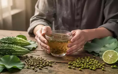 Eine Person hĂ€lt eine Tasse KrĂ€utertee, umgeben von kĂŒhlenden TCM-Zutaten wie Bittermelone und LotusblĂ€ttern auf einem Holztisch. - Foto: ĂŒber boerse-global.de