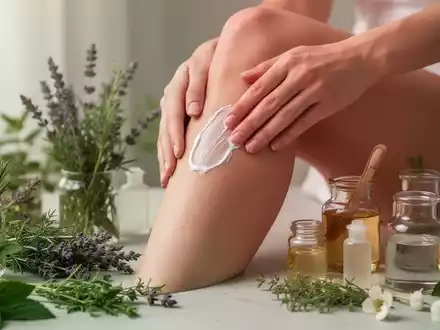 Eine Hand trägt eine pflanzliche Schmerzcreme auf ein Knie auf, umgeben von Kräutern und Cremetiegeln. - Foto: über boerse-global.de