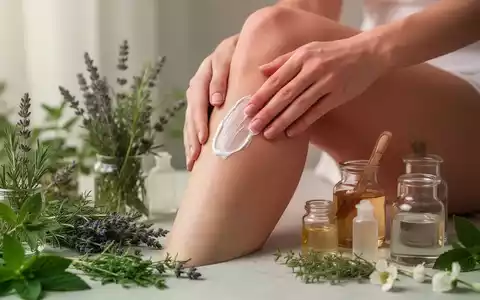 Eine Hand trägt eine pflanzliche Schmerzcreme auf ein Knie auf, umgeben von Kräutern und Cremetiegeln. - Foto: über boerse-global.de