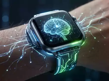 Nahaufnahme eines futuristischen Neurotech-Geräts, integriert in eine Apple Watch am Handgelenk, mit KI-ähnlichem Leuchten. - Foto: über boerse-global.de