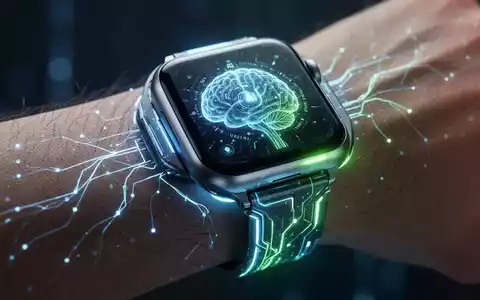 Nahaufnahme eines futuristischen Neurotech-Geräts, integriert in eine Apple Watch am Handgelenk, mit KI-ähnlichem Leuchten. - Foto: über boerse-global.de