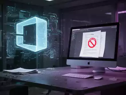 Stilisierter Apple Mac auf schwach beleuchtetem Schreibtisch, 'schreibgeschützt'-Symbol über Dokument, holografisches Microsoft-Office-Logo daneben. - Foto: über boerse-global.de