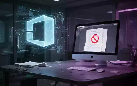 Stilisierter Apple Mac auf schwach beleuchtetem Schreibtisch, 'schreibgeschützt'-Symbol über Dokument, holografisches Microsoft-Office-Logo daneben. - Foto: über boerse-global.de