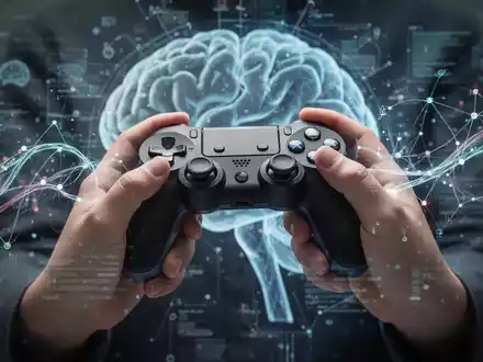 Hände halten einen Videospiel-Controller, mit verschwommenen digitalen Mustern, die kognitive Prozesse und Gaming symbolisieren. - Foto: über boerse-global.de
