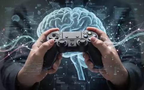 Hände halten einen Videospiel-Controller, mit verschwommenen digitalen Mustern, die kognitive Prozesse und Gaming symbolisieren. - Foto: über boerse-global.de