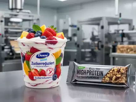 Nahaufnahme eines Fruchtjoghurts mit Zuckerreduktion und einem Proteinriegel, im Hintergrund eine moderne Lebensmittelproduktionsanlage. - Foto: über boerse-global.de
