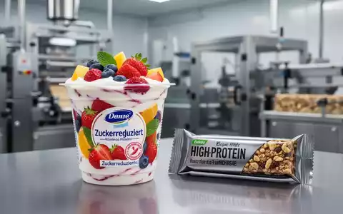 Nahaufnahme eines Fruchtjoghurts mit Zuckerreduktion und einem Proteinriegel, im Hintergrund eine moderne Lebensmittelproduktionsanlage. - Foto: über boerse-global.de