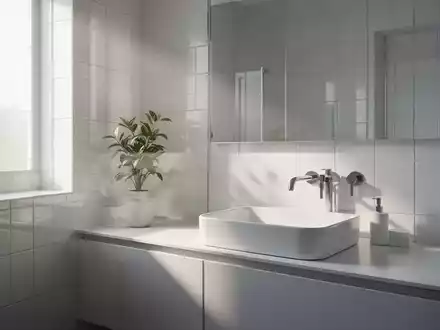 Ein minimalistisches Badezimmer mit weißen Fliesen, einer modernen Spüle und einer einzelnen Pflanze, beleuchtet von natürlichem Licht. - Foto: über boerse-global.de