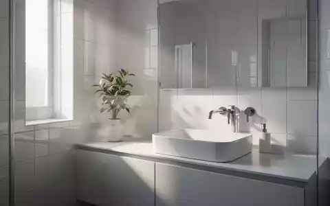 Ein minimalistisches Badezimmer mit weißen Fliesen, einer modernen Spüle und einer einzelnen Pflanze, beleuchtet von natürlichem Licht. - Foto: über boerse-global.de