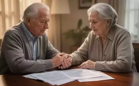 Ein älteres, unverheiratetes Paar sitzt an einem Tisch, prüft rechtliche Dokumente und hält Händchen. - Foto: über boerse-global.de
